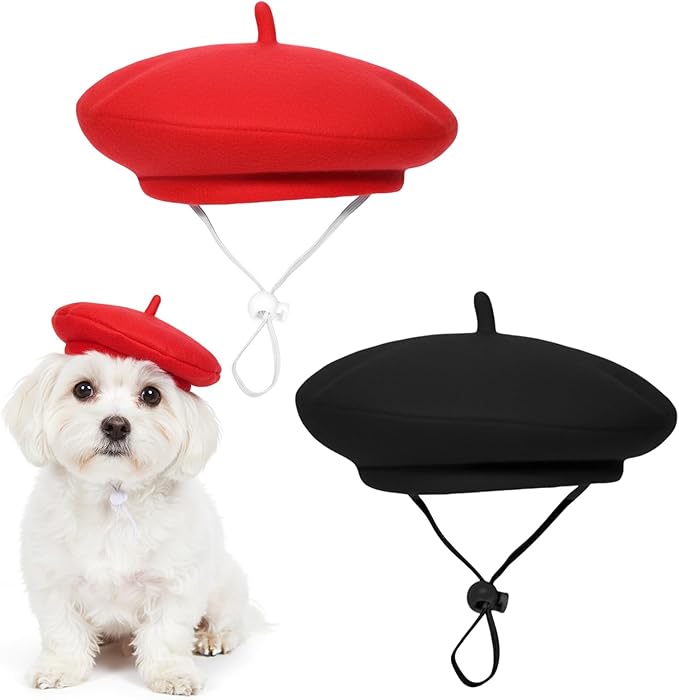 2 PCS Dog Beret Cat Beret Dog French Hat Fedora Artist Pet Costume Berets for Small Dogs Cat Photo Props for Pets (Black, Red)