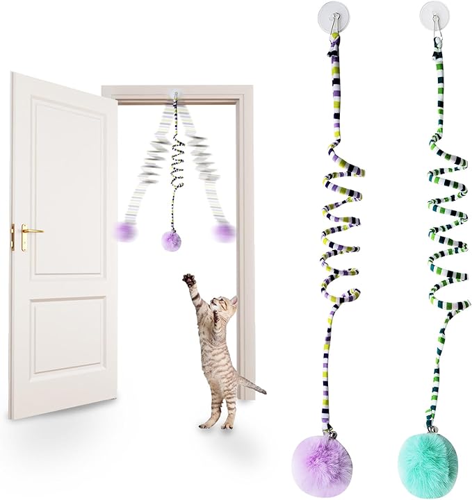 Andiker Cat Spring Toy, Self-Play Stretchable Door Hanging Cat Toy with Bell for Indoor Interactive Cat Toy, Soft Plush Ball with Spring Kitten Toy for Cat Kitten Playing Exercising (Green+Purple)