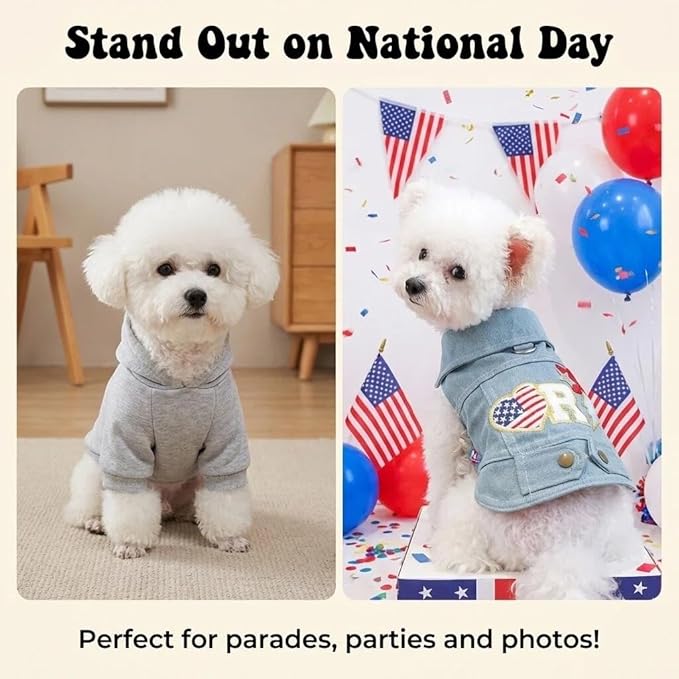 4th of July Dog Denim Vest, Patriotic Dog Outfit with American Flag Patch, Puppy Jacket with D-Ring, Lightweight Clothes for Small Dogs(S)