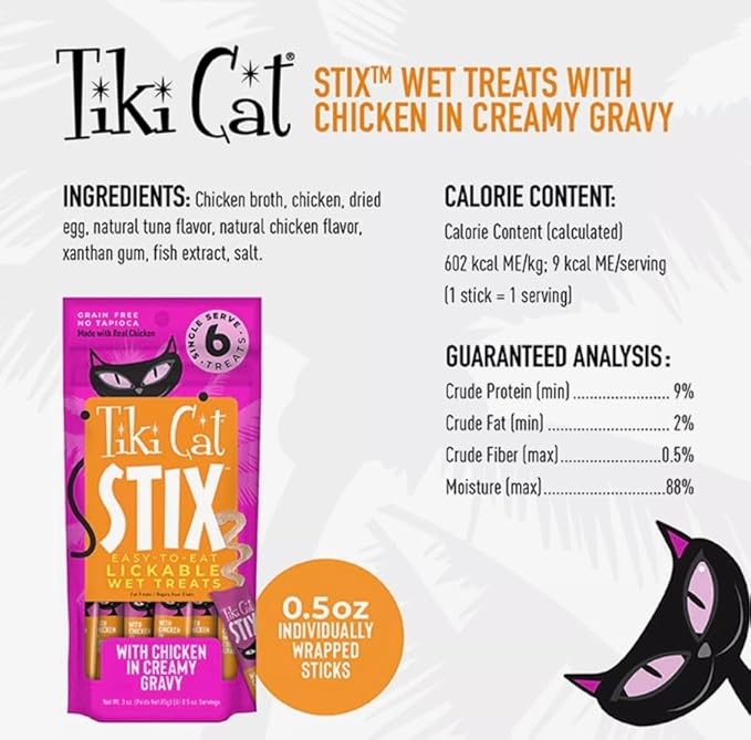 Tiki Cat Stix Lickable Wet Cat Treat Smooth Mousse Blend with Chicken in Creamy Gravy, 6 Stix in 1 Pouch (Pack of 2), Plus 1 Cat Pom Pom Balls Toy