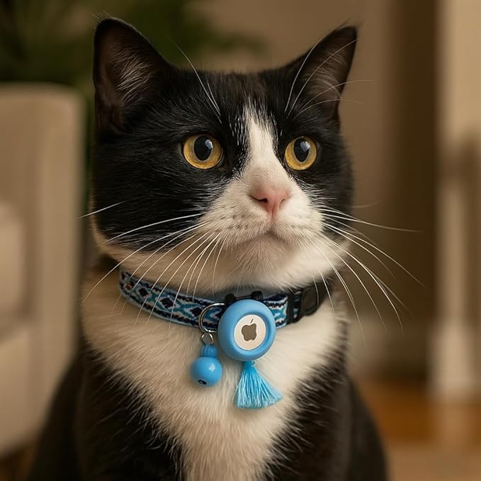 Cat Collar with AirTag Holder – Breakaway Lightweight Woven Cat Collar, Adjustable with Bell for Cats & Kittens (Twilight Calm Set) | Amazegoods