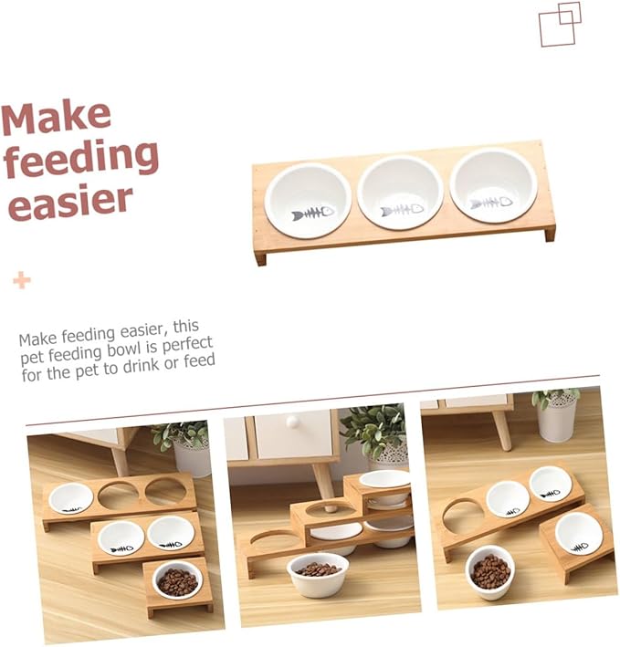 Elevated Frame Cat Food Bowl Set with 3 Ceramic Bowls for Cats and Dogs Multi-Function Pet Feeding and Watering Dish Wear-Resistant for Indoor and Outdoor Use