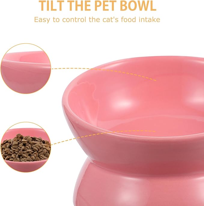 Ceramic Elevated Cat Bowl Tilted Raised Pet Feeder Bowl Neck Protection Non-Slip for Indoor Cats Feeding and Watering Random Color