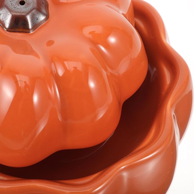 Ceramic Raised Pumpkin Shaped Pet Food Bowl with Elevated Design for Cats and Dogs, Orange Dual Bowls for Feeding and Watering, Neck Protection Pet Feeder Suitable for Travel