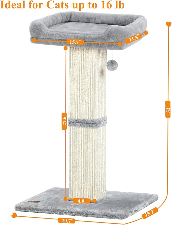 Karolpar 32" Cat Scratching Post for Indoor Cats, Sisal Cat Scratcher with Plush Perch, Large Scratch Post with Bed, Removable Cover, Sisal Fabric,Light Grey