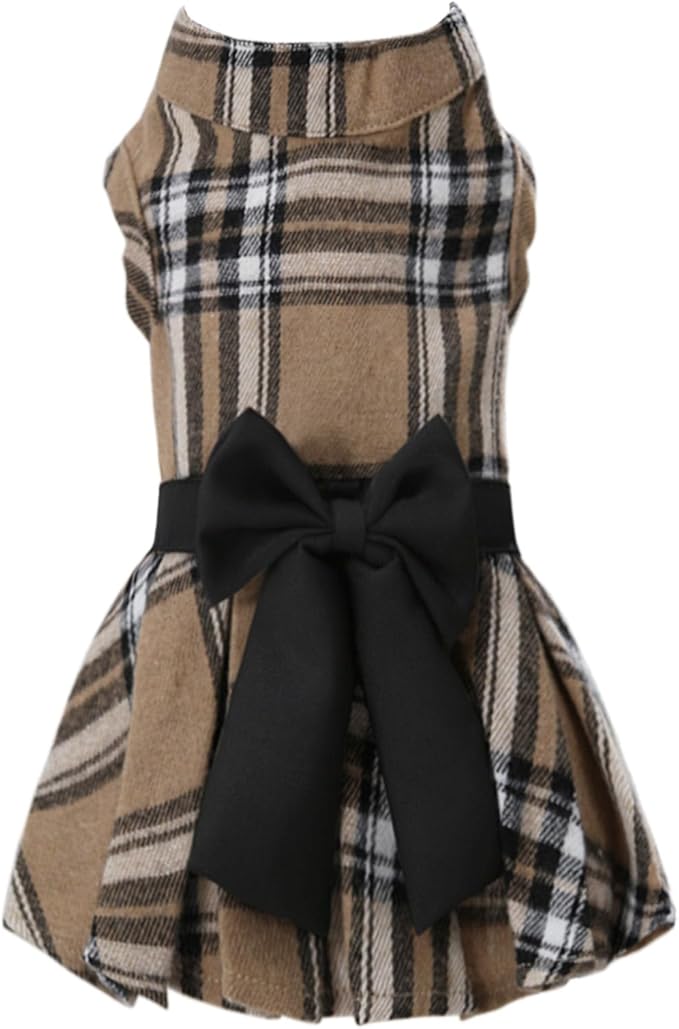 Pet Dresses for Small Dogs Cats Girl, Cute Princess Bowknot Dress Puppy Shirt All Weather Skirt Clothes Cat Apparel for Birthday Wedding Party Holiday (Khaki&Black, X-Small)