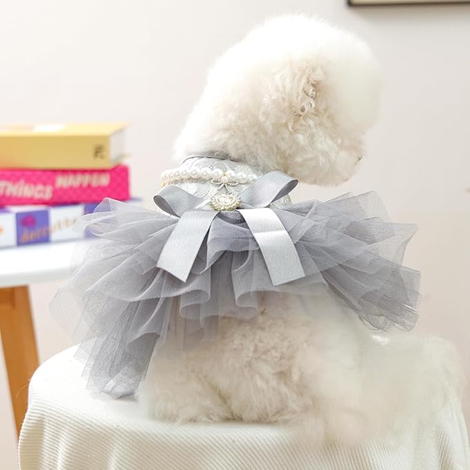 ANIAC Gray Dog Dress for Small Dogs Female,Bow Knot Girl Puppy Clothes with Detachable Pearl Necklace, Elegant Cat Dress, Formal Pet Pary Outfit for Wedding Birthday Valentines (Gray, Large)