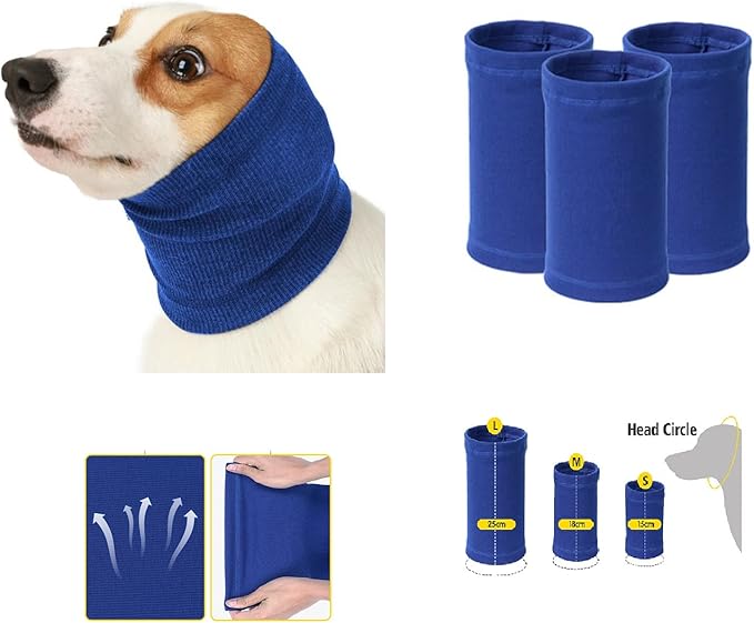 Dog Ear Muffs Noise Protection Soothing Anxiety & Stress Relief Calming Snood for Dog Blue+Grey M