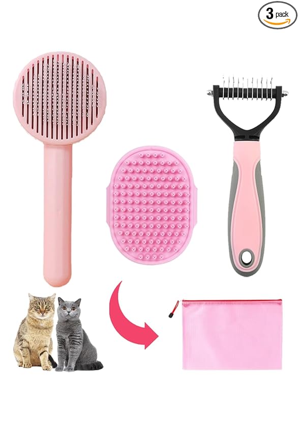 Cat Brush for Shedding 5pcs - Long Haired Cats Brush, Indoor Cats Brush, Small Dogs Brush, Matted Fur Hair Brush with Flea Comb Set, Pink