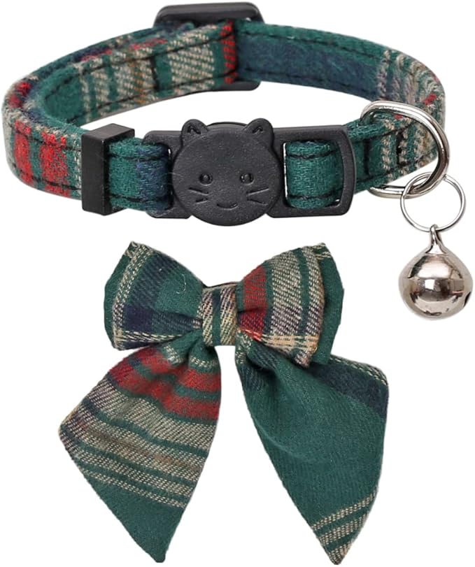 Christmas Cat Collar Breakaway with Cute Removable Bow Tie and Bell for Kitty Adjustable Safety Plaid