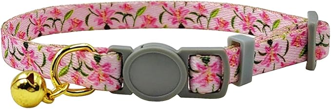 Breakaway Cat Collar, Floral Pattern, Safe Release Buckle, Clear Bell, Polyester Material, for Adult Cats.(Pink Lily)