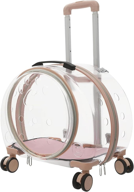Pet Carrier with Wheels, Clear Cat Carrier Pet Trolley Case Pet Backpack with Multiple Ventilation Holes for Cats and Dogs, Pink