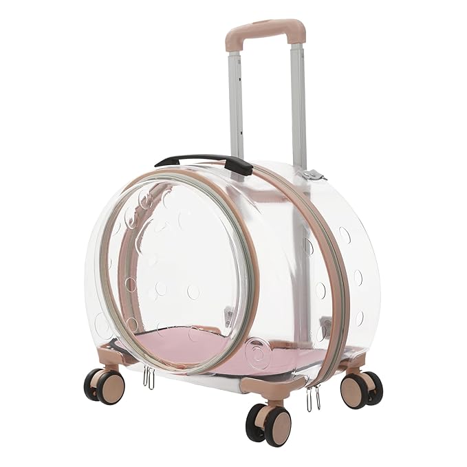 Pet Carrier with Wheels, Transparent Hard Breathable Pet Carrier with Ventilation Holes Telescopic Handle Multiple Carrying Strollers for Cats Dogs (Pink)