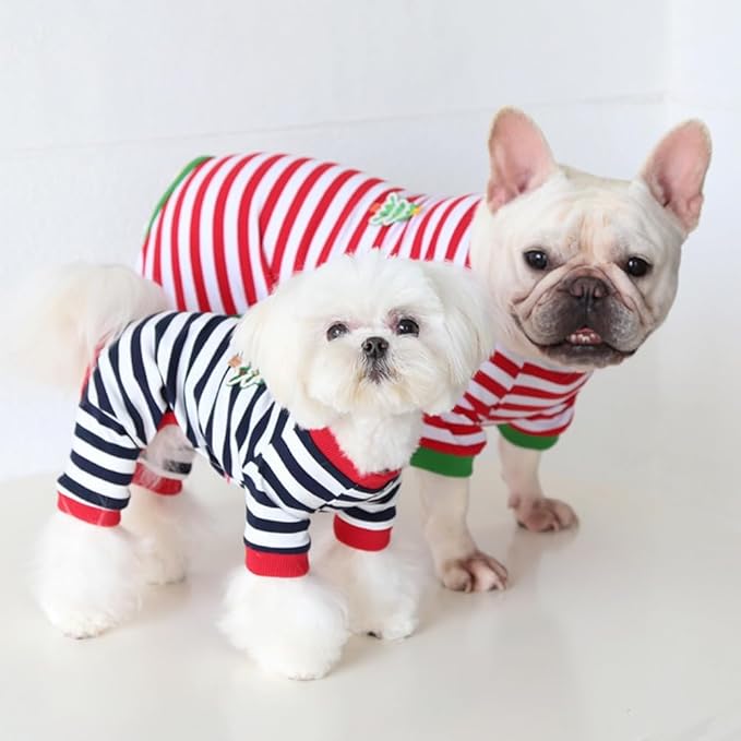 Hdwk&Hped Soft Cotton Dog Pajamas for All Seasons, Striped Solid Pet Bottoming Jumpsuit for Small Dog Cat Puppy 3 Styles (Christmas Style 2-Pack, #1)