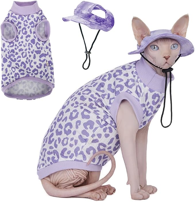 Sphynx Cat Shirt &Sun Hat Set, Breathable Stretchy Cat Clothes Suit, Soft Hairless Cats Shirt, Sleeveless Suit for Cats (Purple Leopard Pattern, Small) (Purple Leopard Pattern, XL(6.5-8.5lbs))