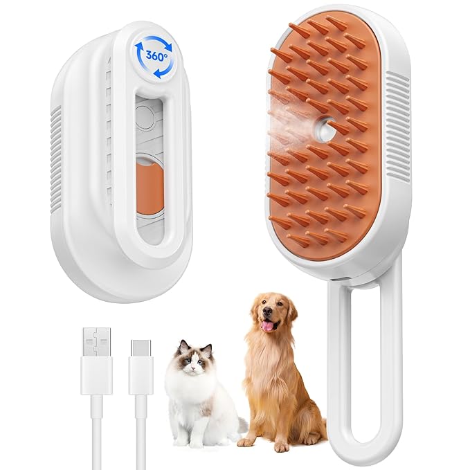 Cat Steam Brush for Shedding, 4 in 1 Rechargeable Steam Brush for Cats and Dogs, Anti-Static, Massage, Cleaning, Shedding & Combing All In One! (white)