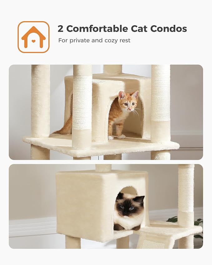MUTTROS Tall Cat Tree 70.9", Large Cat Tower for Indoor Cats, Multi-Level Plush Cat Condo with 6 Scratching Posts, 2 Scratching Boards, 2 Perches, 2 Caves, Hammock, 2 Pompoms, Beige