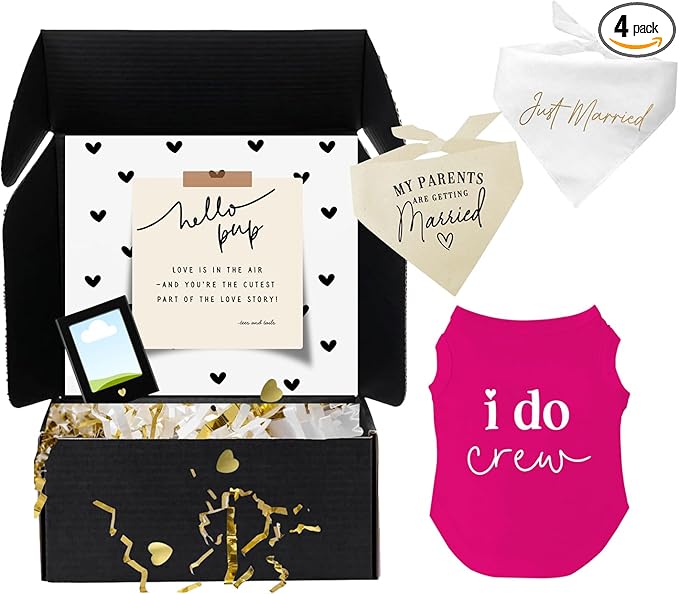 Dog Bridal Wedding Gift Box – 2 Cotton Bandanas (My Parents are Getting Married, Just Married) 1 I Do Crew Dog Tee & Magnetic Photo Frame 2.5" x3,5|Hot Pink, X-Small 382