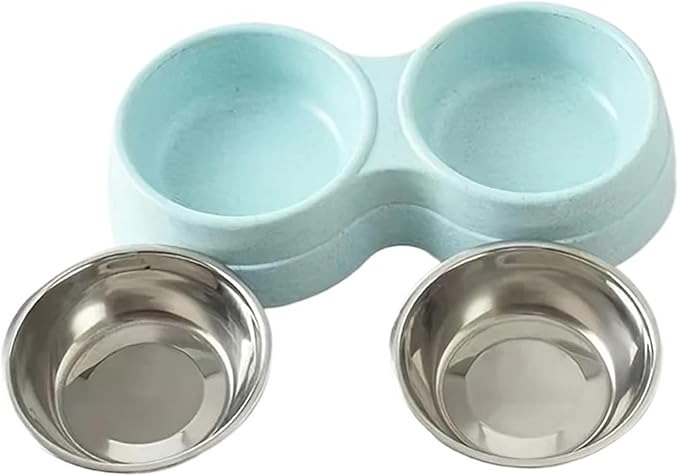1 PCS Dual Bowl Stainless Steel Double Pet Bowls for Dogs and Cats Perfect for Food and Water(Blue)