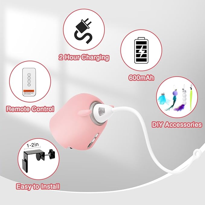 Cat Toys Interactive for Indoor Cats, Rechargeable Toy Hanging Door Electric with 4pcs Feathers Toys for Bored Kittens (Pink)