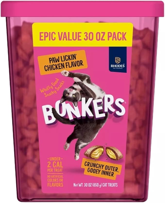 Bonkers Cat Treats Chicken Flavor Cat Bites, Crunchy & Soft Low Calorie, Training or Food Topper for All Breeds and Ages 30 oz Value Pack with Chickylicks Purrpop Sample, Plus 4 Cat Spring Toys