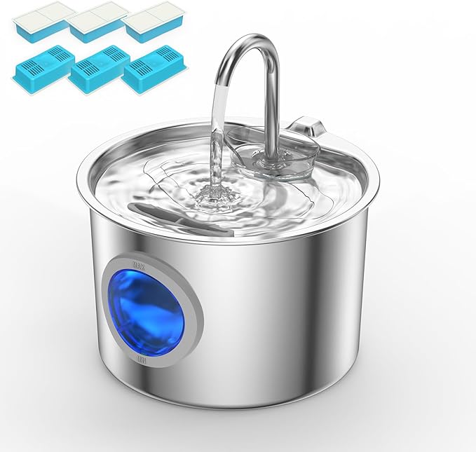 Premium Cat Water Fountain - Whisper-Quiet, 304 Stainless Steel, Smart Pump for Hydration Obsessed Cats | 74oz, 6 Filters Included (74oz Fountain+6 Filters +6 Sponges)