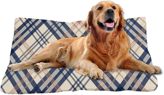 Cream Blue Plaid Mat for Dogs Non Slip Bottom Washable Dog Crate Mat Cozy Soft Bedside Dog Bed Room Essentials Printed Big Beds Gift Portable Pet Bed 24× 18 Inch Indoor Outdoor