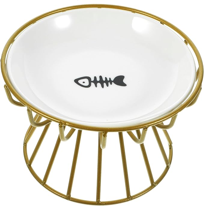 VILLCASE Elevated Ceramic Cat Bowl with Metal Rack Raised Anti-Vomiting Whisker Relief Feeder for Cats Includes Single Fishbone Plate and Gold Iron Stand Feeding and Watering