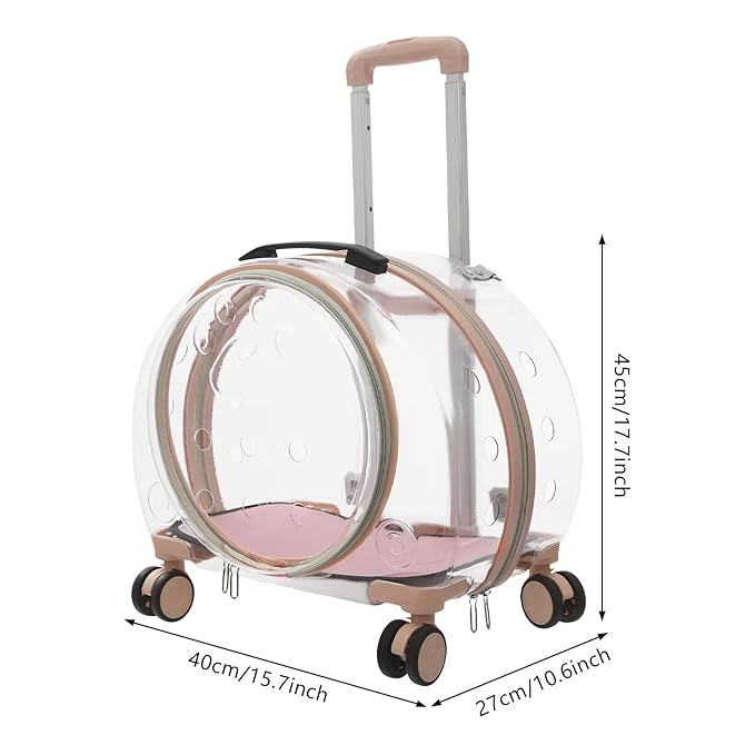 Pet Carrier with Wheels, Transparent Hard Breathable Pet Carrier with Ventilation Holes Telescopic Handle Multiple Carrying Strollers for Cats Dogs (Pink)