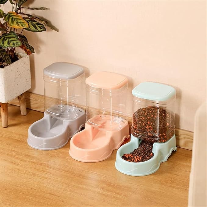 Pet Feeding Bowl and Water Dispenser with Refillable Storage Container Self-Dispensing 1 Gallon Large Capacity Cat Feeder, 3.8 Liters Capacity Dog Rabbit Waterer (Grey, for Food)