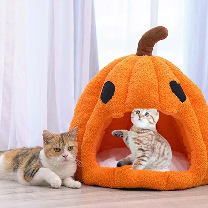 Cute Pumpkin Cat Bed for Indoor Cats，Pumpkin Shape Cat House with Removable Washable Cushioned Pillow，Cat Cave Bed Cat Tent for Puppy and Kitten (A-Orange,20 in)