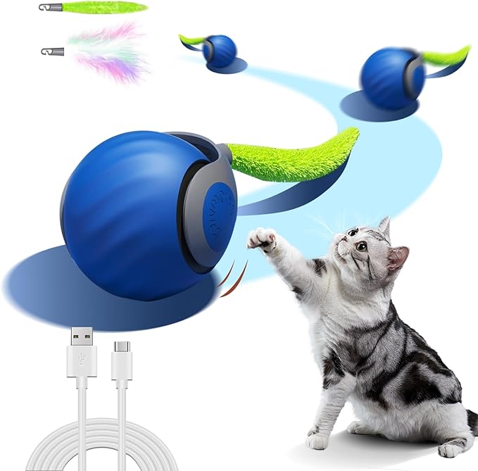 Interactive Cat Toy Ball - Automatic Interactive Cat Toys for Indoor Cats to Keep Them Busy, 2026 New Rechargeable 2 Speeds Enrichment Toys with 2 Tails, Smart Rolling Toy for Small/Medium/Large Cats
