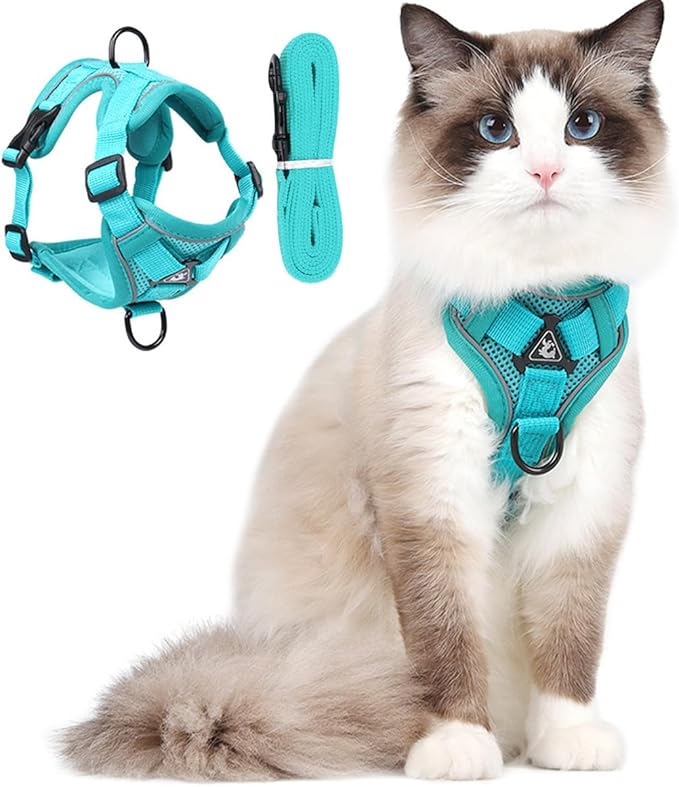 Cat Chest Harness and Leash Set for Walking Escape Proof, Soft Adjustable Vest Harnesses for Cats, Kitten Jacket with Reflective Strip, Easy to Put on with 3 Buckles for Traveling (Green, L)