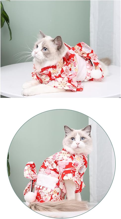 Cute Cat Kimono Dress SakuraFlower Pattern with Bowtie Pet Photo Cat Halloween Costume Cat Princess Cute Cat Outfit (Red,M-7to12lb)