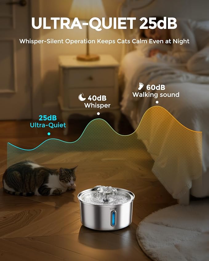 Invengo Cat Water Fountain Stainless Steel 3.2L/108oz, Automatic Pet Fountain for Cats & Dogs, Ultra Quiet <25 dB Pump, LED Water Level Window, Easy to Clean