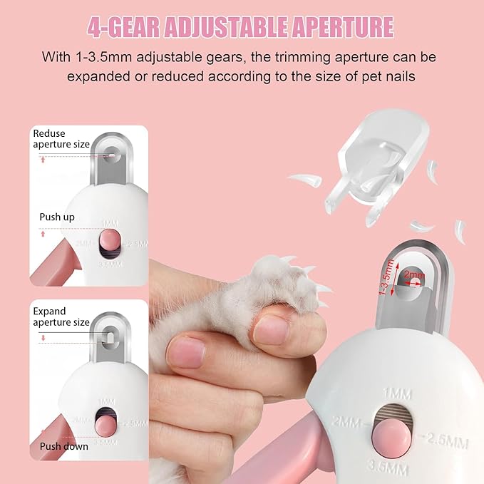 Professional Cat Nail Clipper and Trimmer with 3 Adjustable Safety Levels (1-3.5mm), Kitten Supplies, Puppy Grooming Tools, with Debris Catcher & Hidden Nail File Pink