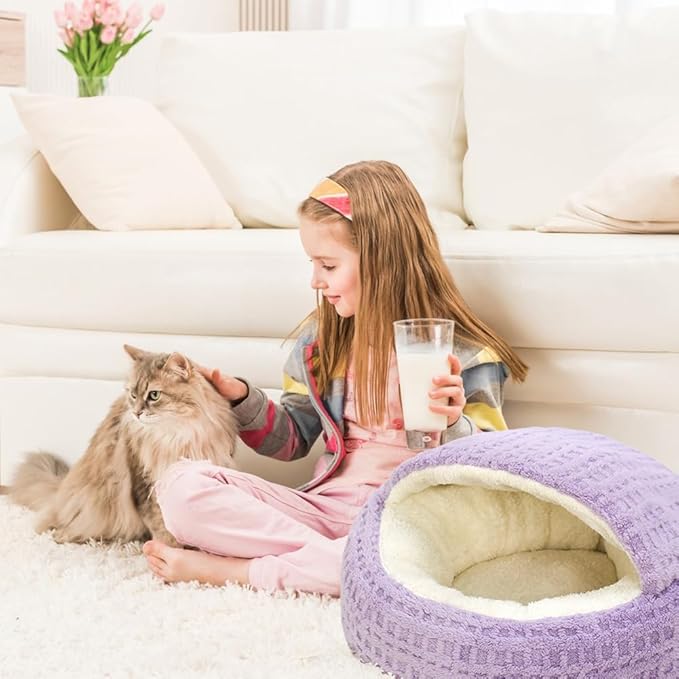 Plush Cat Bed Hooded Semi Enclosed Shell Shaped Pet Nest Cozy Warming Anti-Slip Small Dog Bed for Puppy and Kitten
