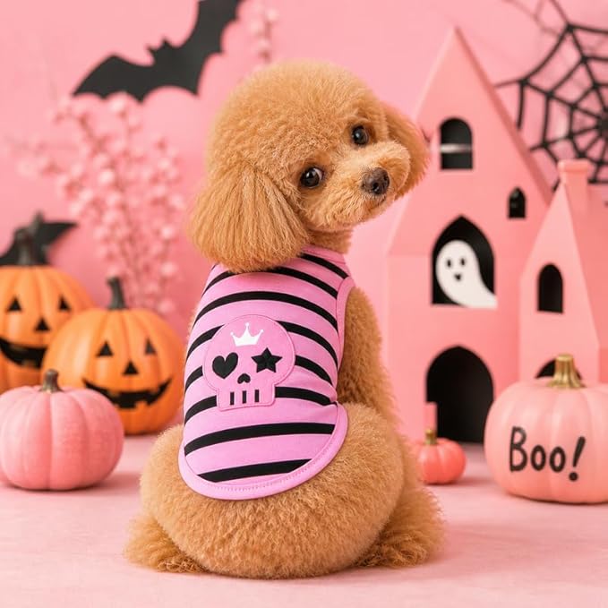 Petitebella Black Skull Face Puppy Dog Shirt (Pink/Black Stripes, Small)