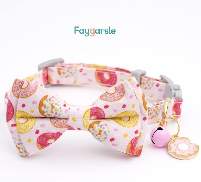 Faygarsle 2 Pack Cute Cats Collar with Bell Breakaway Bowtie Cat Collars for Male Female Cat Soft Fancy Pink Purple Cat Collar with Ice Cream Doughnuts Pattern Summer Cat Collar for Boy Girl Cats