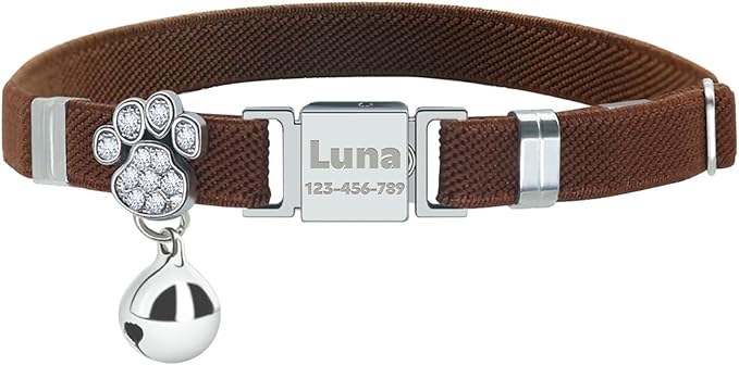 Personalized Safety Elastic Cat Collars with Bell,Laser Customized Stretch Kitten Collars for Girls Boys Cats-Chocolate