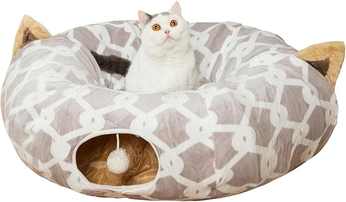 Large Cat Tunnel Bed Under Christmas Tree with Fluffy Toy Balls, Small Cushion and Flexible Design- 10 inch Diameter, 3 ft Length- Great for Cats, and Small Dogs, Gray Geometric Figure