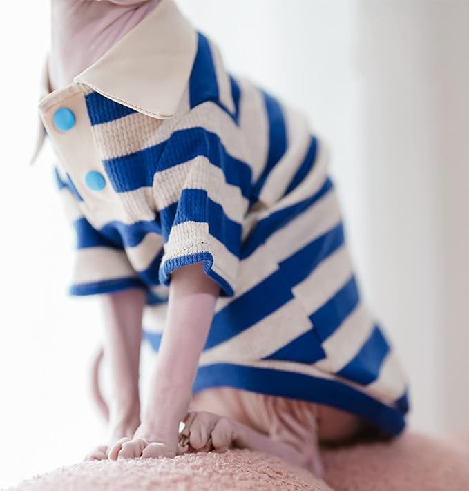 Sphynx Cat Shirt Cotton Hairless Kitten Polo T-Shirt with Sleeves Pullover Cat Pajamas for Sphynx Cornish Rex, Devon Rex, Peterbald (Blue White Polo, XX-Large)