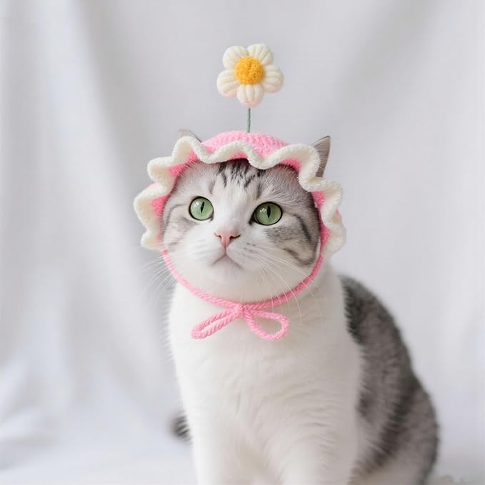 Cat Hat, Cute Flower Crochet Cat Hat Knitted Costume Headwear for Kitten Dog Puppy Pet Halloween Christmas Small Knit Cap Clothes Decoration (Pink)