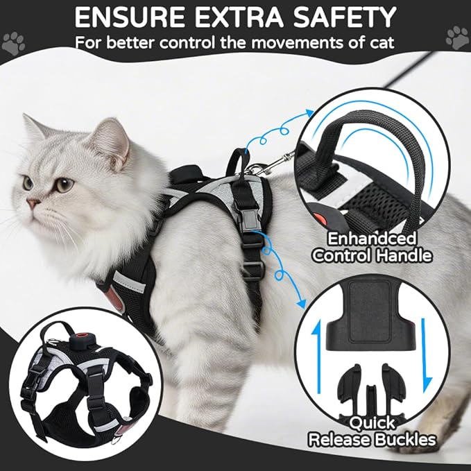 Cat Harness and Leash Set with Holder Compatible with AirTag, Escape Proof Kitten Harness with Lead for Small Cats, Soft Mesh Puppy Jacket Vest for Outdoor Walking, Reflective & Adjustable, Black, S
