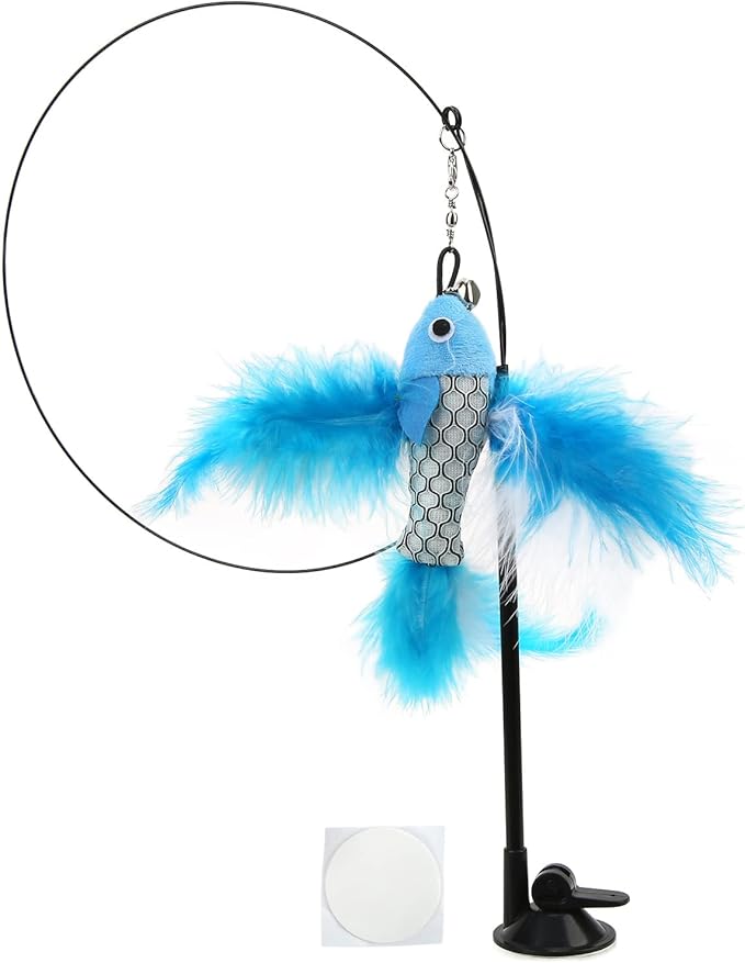 VINGVO Suction Cup Cat Toys for Indoor Cats, Cat Toy Handheld Teaser Wand Toy Interactive Cat Toy Hanging Door Kitten Toys for Kitty Kitten Scratching Exercise Indoor (Blue
