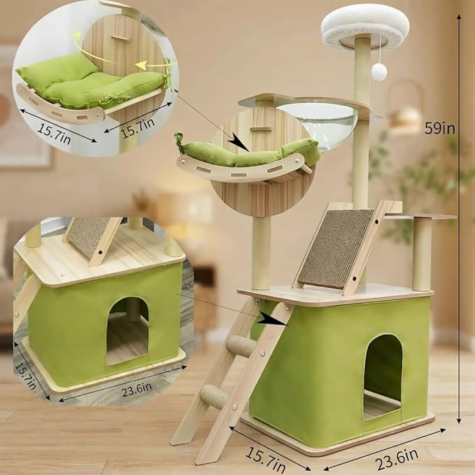 59.1-Inch-Green Cat Tree for Indoor Cats Large Adult, with Cat Condos,Cat Scratchers,Cat Hammock,Space Capsule, Plush Jumping Platform,Hanging Ball,Cat Trees for Indoor Cats(Green/Log Color)