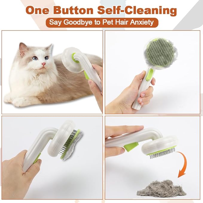 Self-Cleaning Grooming Brush, with 2 PCS Dematting Comb for Dog, Skin Friendly, Non-Slip Handle, Cat Brush for Long Haired Cats & Dogs, Pet Supplies Hair Remover Tool