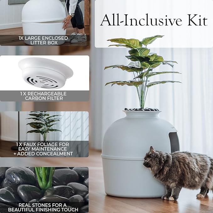 Secret Litter Box by Bundle & Bliss - Hidden Litter Box Enclosure, Patented Design with Odor Control, Includes Faux Plant, Carbon Filter and Real Stones (Soft Grey)