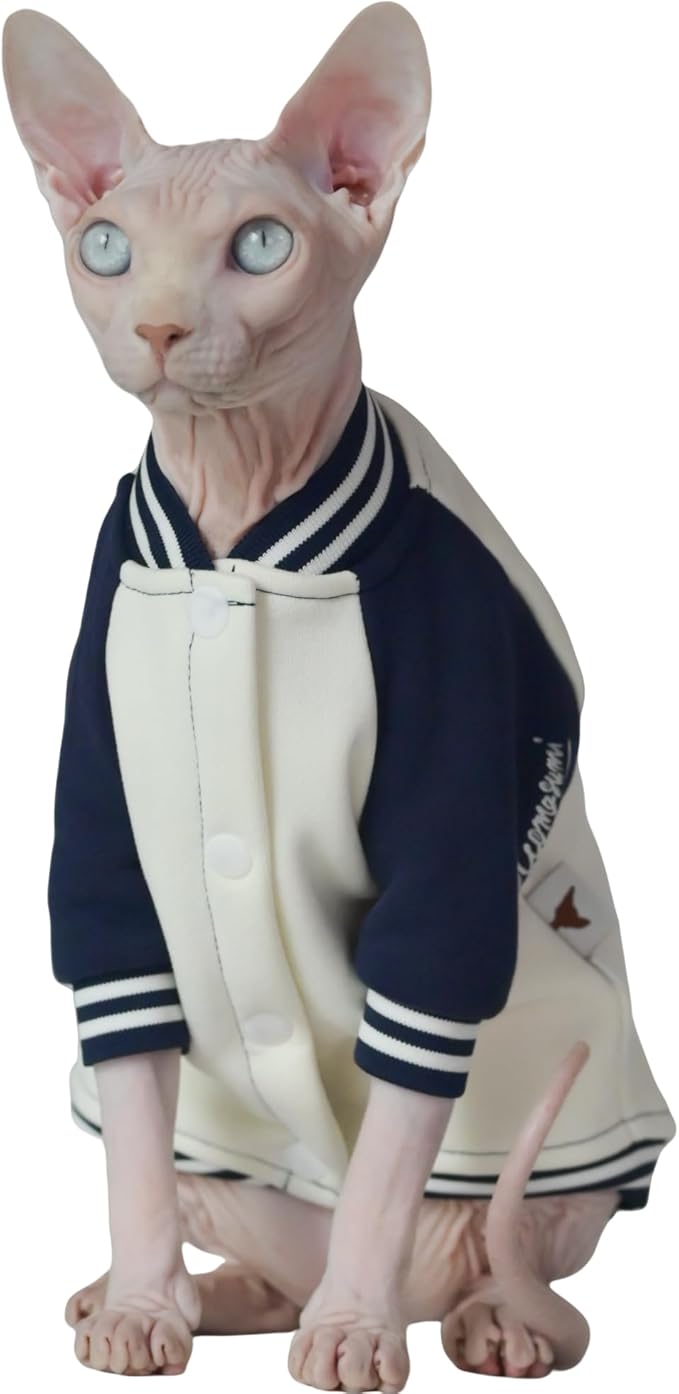 Fashion Warm Soft Thick Cat Winter Clothing, Soft Baseball Style Shirt for Sphynx, Devon, Cornish, Kitten, Hairless, Abyssinian, Small Cats (White, Medium)