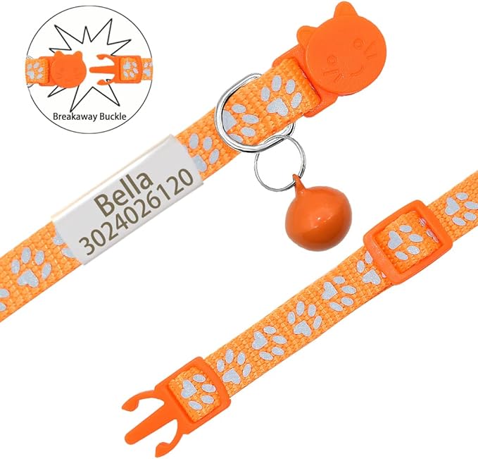 Personalized 2 Pack Reflective Cat Collar,Custom Breakaway Cat Collars with Name Tag and Bell,Anti-Lost Nameplate Cat Collar for Girls & Boys(Orange,fit 8''-11.0'')